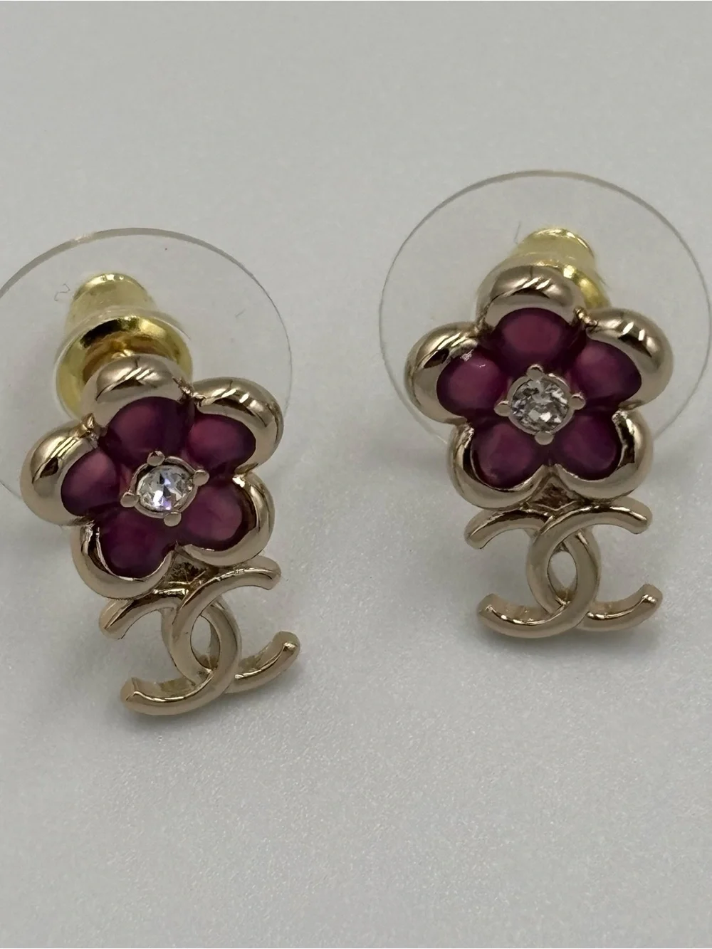 Chanel CC Gold Tone Pink Enamel Camellia Flower Crystal Stud Earrings - Picture 2 of 5
